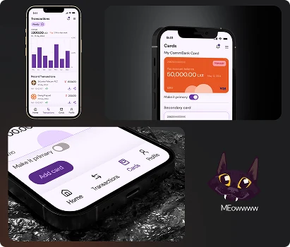 Combank Q+ banking app screens: transactions, cards and a mascot