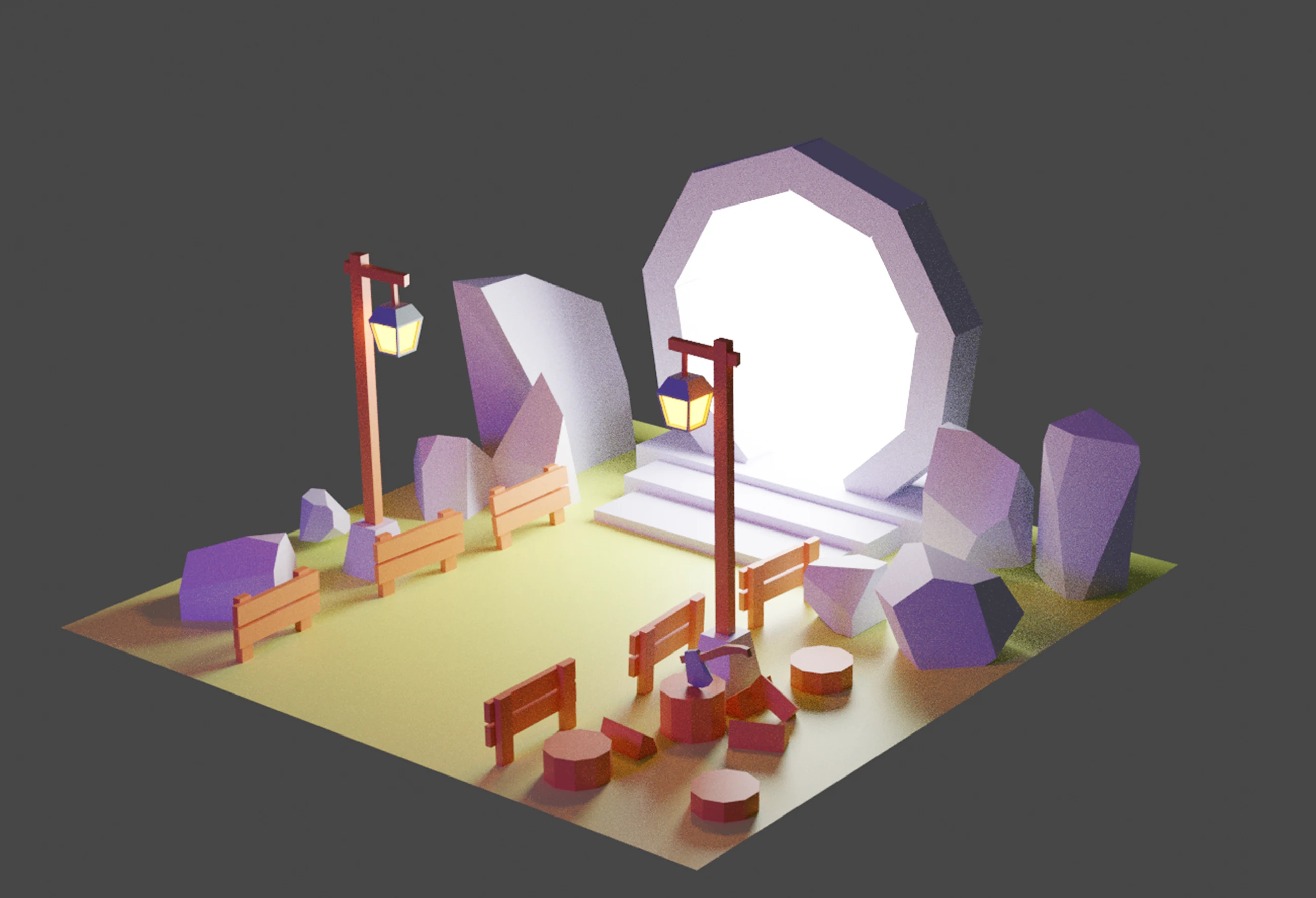 Low-poly 3D scene of a glowing stone portal with lanterns, in purple tones