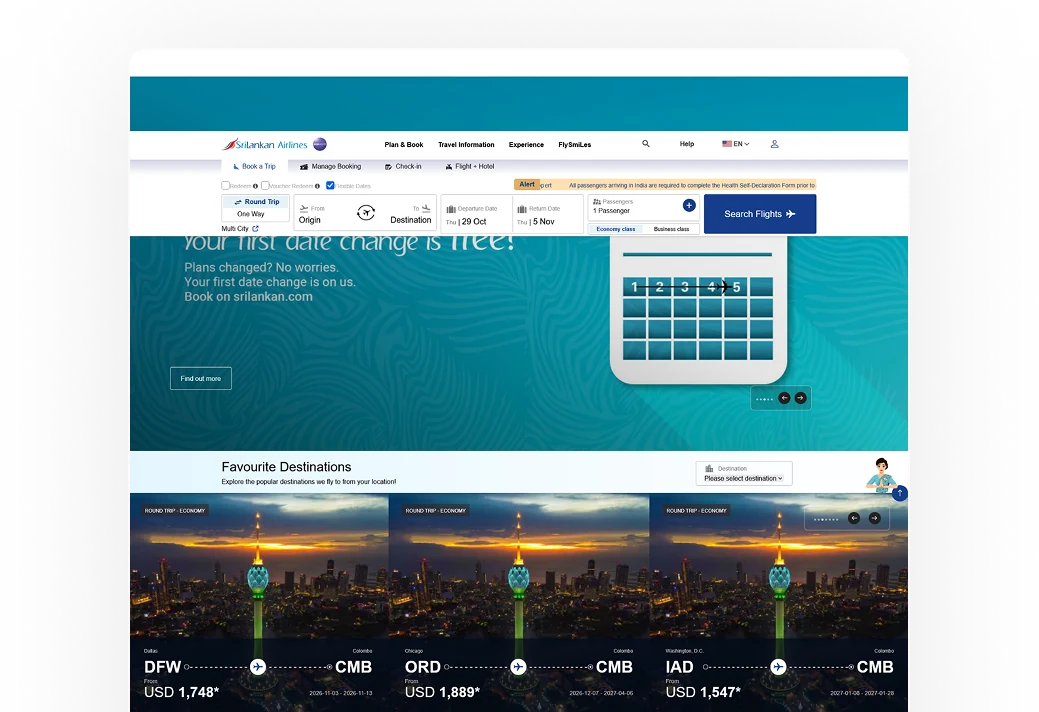 Sri Lankan Airlines website, shown on a laptop-style browser frame