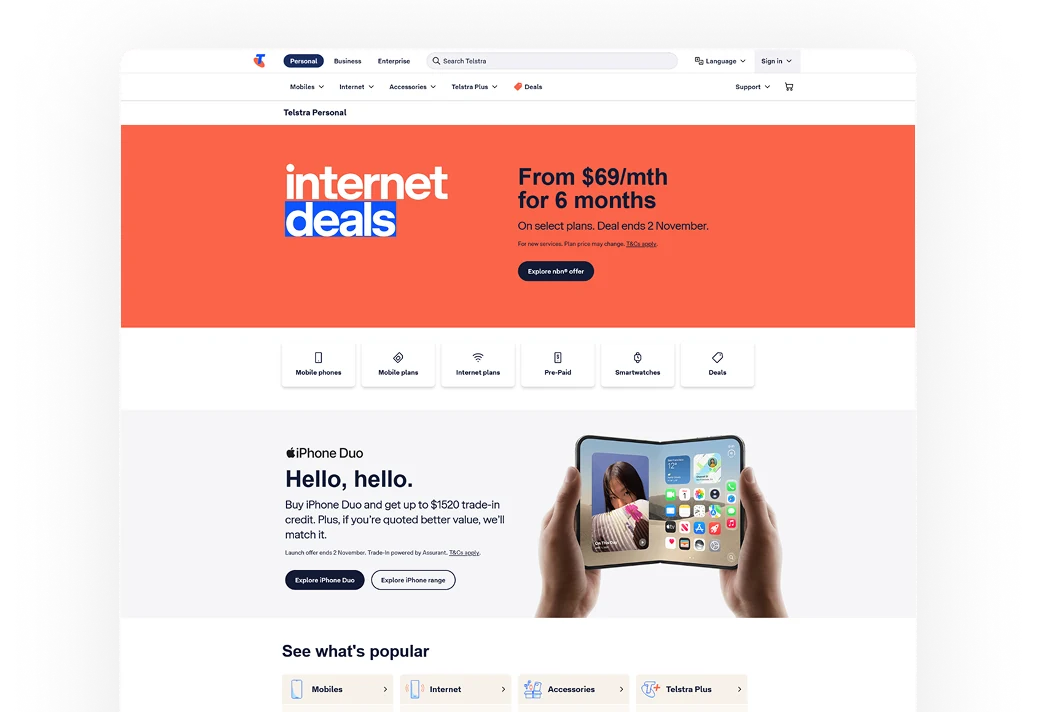 Telstra Australia consumer website homepage
